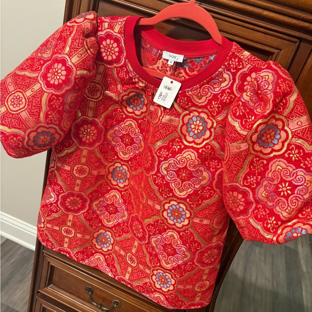 Red Jacquard top by VOY- size M, NWT